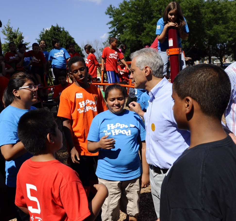 Mayor Emanuel joins community members while celebrating the ribbon cutting of Cragin Park.